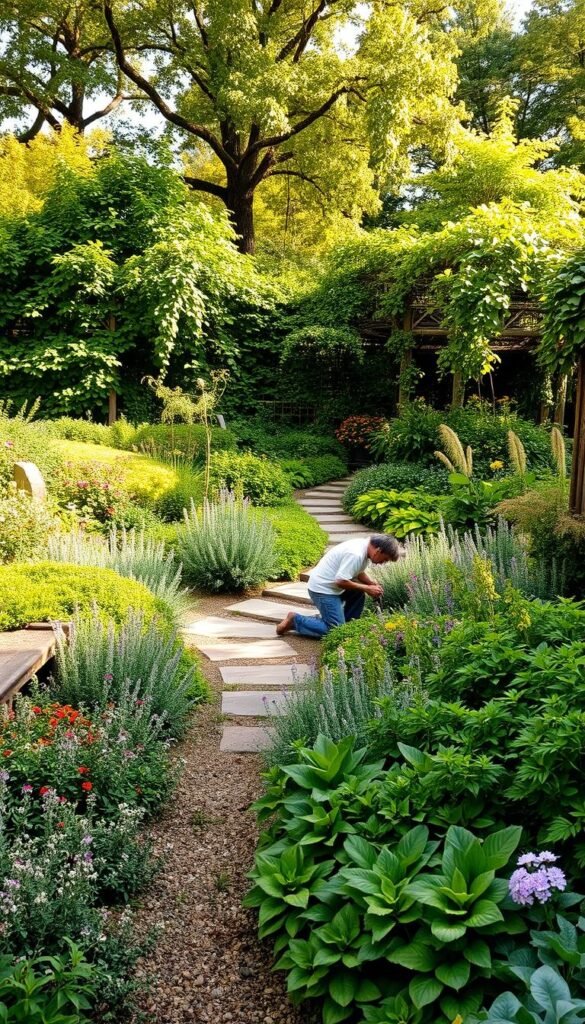 A serene cottage garden in natural afternoon light, showcasing a variety of lush, well-maintained plants. In the foreground, a gardener kneels, tending to a flourishing bed of perennials and shrubs, their hands gently pruning and weeding. The mid-ground features a stone path winding through the layered foliage, inviting the viewer to explore. Towering trees and trellised vines create a verdant, enclosed backdrop, casting soft, dappled shadows. The overall scene conveys a sense of tranquility, balance, and the rewards of dedicated, thoughtful gardening. A serene cottage garden in natural afternoon light, showcasing a variety of lush, well-maintained plants. In the foreground, a gardener kneels, tending to a flourishing bed of perennials and shrubs, their hands gently pruning and weeding. The mid-ground features a stone path winding through the layered foliage, inviting the viewer to explore. Towering trees and trellised vines create a verdant, enclosed backdrop, casting soft, dappled shadows. The overall scene conveys a sense of tranquility, balance, and the rewards of dedicated, thoughtful gardening.