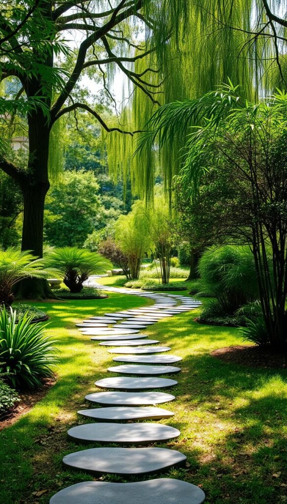 A serene, curved garden path meanders through a lush, verdant landscape. The path is lined with smooth, rounded stones that gently guide the eye forward. Delicate, swaying foliage, including ferns and bamboo, creates a sense of harmony and balance. Dappled sunlight filters through the canopy, casting a warm, inviting glow over the scene. The composition is framed by towering trees and shrubs, creating a sense of enclosure and protection. This tranquil, Zen-inspired setting exudes a calming, restorative energy, inviting the viewer to slow down and connect with the natural world.