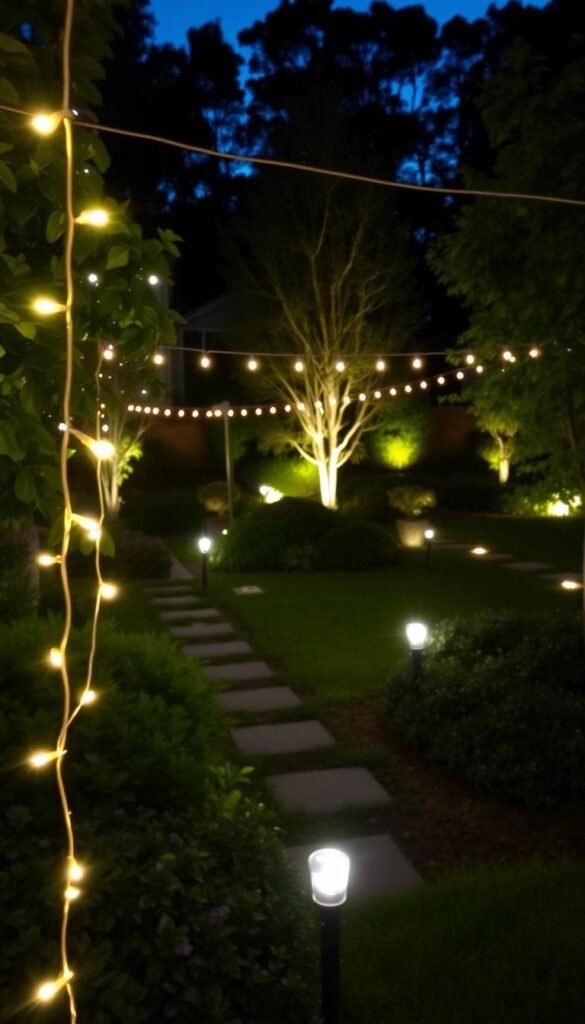 A serene garden at dusk, illuminated by a harmonious interplay of soft, warm lighting. In the foreground, delicate string lights gently drape over lush greenery, casting a magical glow. The middle ground features a mix of path lighting and ground-level uplighters, guiding the eye through the tranquil scene. In the background, subtle landscape lighting highlights the silhouettes of trees and shrubs, creating depth and dimension. The overall atmosphere is one of enchantment, as the garden seamlessly transitions from day to night, inviting exploration and wonder.