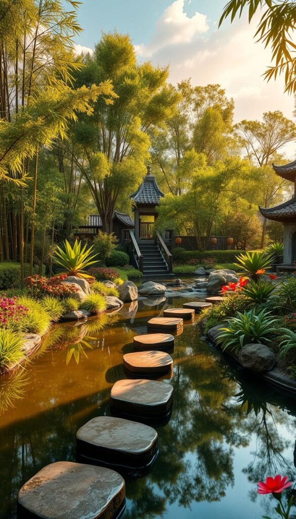 A serene garden oasis, featuring the five harmonious elements of Feng Shui: earth, wood, fire, metal, and water. In the foreground, a tranquil pond reflects the surrounding landscape, with stepping stones leading visitors through the verdant foliage. Towering bamboo stalks and ornamental trees create a lush, natural canopy overhead, while a gently flowing stream winds through the middle ground. Colorful flowers and plants representing the elements dot the scene, bathed in warm, golden sunlight filtered through wispy clouds. In the background, a pagoda-style structure with clean, geometric lines stands as a testament to the balance and harmony of the Feng Shui design. The overall atmosphere is one of peaceful contemplation and a deep connection with the natural world.