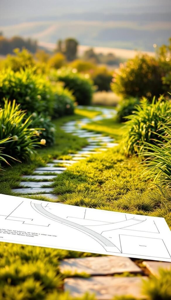 A serene garden path winds through lush greenery, its contours clearly defined by a detailed diagram. The foreground showcases the path's curvature and materials, perhaps stone or compacted earth, leading the eye towards a middle ground of verdant foliage. In the background, a softly blurred landscape provides a sense of depth and natural setting. Warm, diffused lighting casts gentle shadows, creating a calm, inviting atmosphere. The diagram's lines are crisp and precise, offering a clear visual guide for designing seamless transitions between lawn and pathway. The overall composition strikes a balance between the practical functionality of the path and the tranquil beauty of the surrounding garden. A serene garden path winds through lush greenery, its contours clearly defined by a detailed diagram. The foreground showcases the path's curvature and materials, perhaps stone or compacted earth, leading the eye towards a middle ground of verdant foliage. In the background, a softly blurred landscape provides a sense of depth and natural setting. Warm, diffused lighting casts gentle shadows, creating a calm, inviting atmosphere. The diagram's lines are crisp and precise, offering a clear visual guide for designing seamless transitions between lawn and pathway. The overall composition strikes a balance between the practical functionality of the path and the tranquil beauty of the surrounding garden.