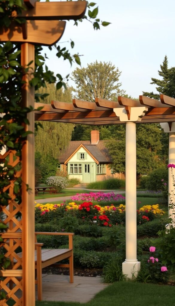 A serene garden scene with an arbor and pergola, showcasing their distinct architectural features. In the foreground, an elegant arbor frames a charming seating nook, its intricate lattice casting delicate shadows on the ground. Beyond, a robust pergola stands tall, its beams and rafters creating a sense of privacy and enclosure. The middle ground features lush, well-tended garden beds, their vibrant blooms and foliage adding depth and color to the composition. In the background, a picturesque cottage nestles amid a tapestry of trees and shrubs, completing the cozy, idyllic atmosphere. Warm, diffused lighting accentuates the natural textures and creates a serene, inviting ambiance.