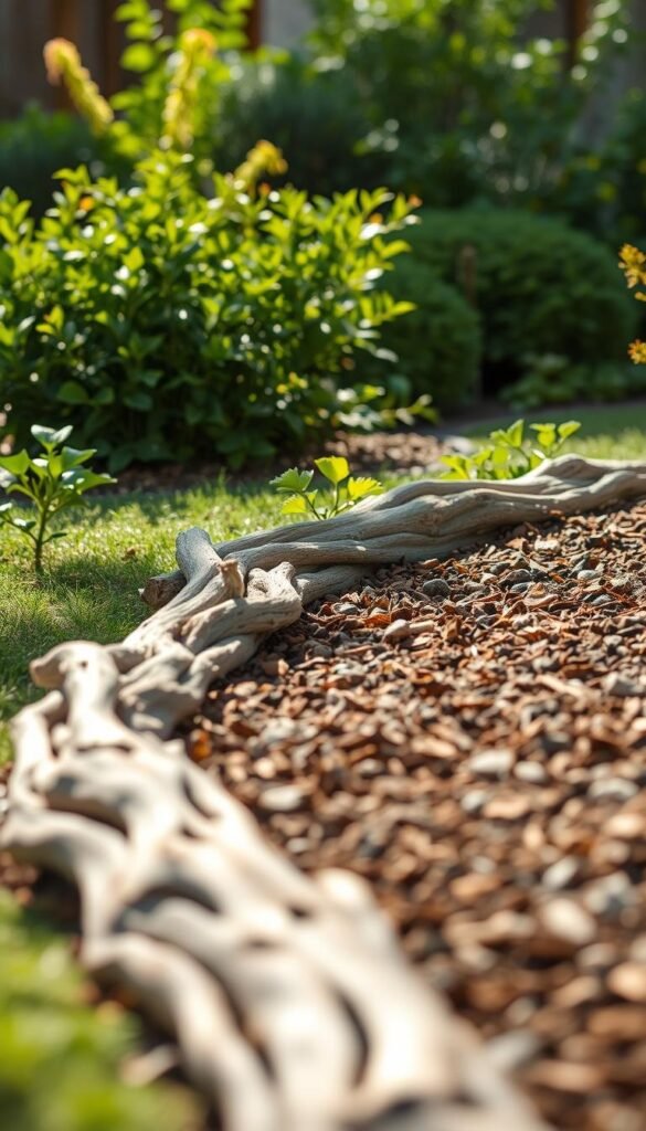 A serene garden setting with a focus on the foreground, featuring a well-planned layout of rustic garden edging. In the foreground, a mixture of driftwood, mulch, and gravel defines the border, creating a natural and textured visual interest. The middle ground showcases flourishing greenery, with lush plants and shrubs gently cascading over the edges. The background is softly blurred, emphasizing the attention on the carefully curated edging. The lighting is warm and natural, casting gentle shadows and highlighting the organic materials. The overall mood is one of tranquility and thoughtful design, perfectly suited for the "Getting Started with Your Garden Edging Project" section.