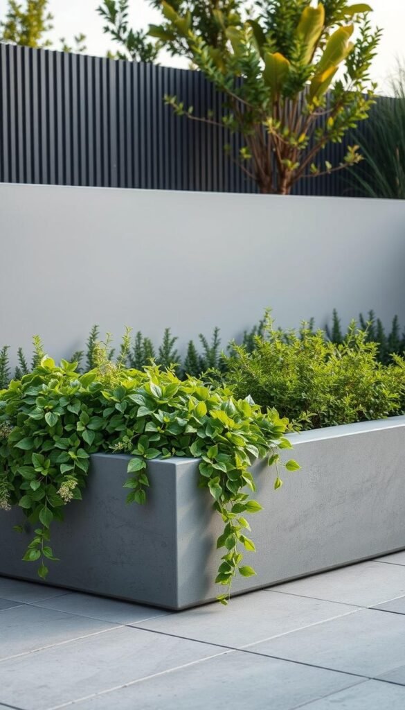 A serene, modern concrete garden bed design with clean lines and a minimalist aesthetic. In the foreground, a rectangular concrete planter box with a smooth, polished finish sits atop a paved patio. The middle ground features lush, vibrant greenery spilling over the edges, creating a natural, organic contrast against the rigid concrete. The background showcases a sleek, contemporary fence or wall, accentuating the minimalist theme. Soft, diffused lighting casts gentle shadows, highlighting the texture and depth of the materials. The overall scene exudes a sense of sophistication, tranquility, and low-maintenance ease. A serene, modern concrete garden bed design with clean lines and a minimalist aesthetic. In the foreground, a rectangular concrete planter box with a smooth, polished finish sits atop a paved patio. The middle ground features lush, vibrant greenery spilling over the edges, creating a natural, organic contrast against the rigid concrete. The background showcases a sleek, contemporary fence or wall, accentuating the minimalist theme. Soft, diffused lighting casts gentle shadows, highlighting the texture and depth of the materials. The overall scene exudes a sense of sophistication, tranquility, and low-maintenance ease.