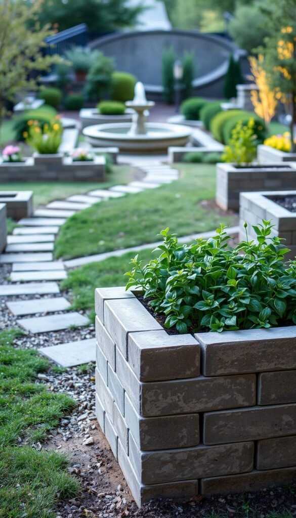 A serene outdoor scene featuring a variety of cinder block features. In the foreground, a sturdy raised garden bed constructed from stacked cinder blocks, filled with thriving greenery. The middle ground showcases a path winding through the garden, bordered by additional cinder block planters and retaining walls. In the background, a tranquil water feature, perhaps a small pond or fountain, surrounded by more cinder block elements, creating a cohesive and visually appealing landscape. Soft, diffused lighting casts a warm glow, evoking a peaceful, natural atmosphere. The composition is balanced, with a sense of depth and visual interest, highlighting the versatility and durability of cinder block as a material for outdoor features. A serene outdoor scene featuring a variety of cinder block features. In the foreground, a sturdy raised garden bed constructed from stacked cinder blocks, filled with thriving greenery. The middle ground showcases a path winding through the garden, bordered by additional cinder block planters and retaining walls. In the background, a tranquil water feature, perhaps a small pond or fountain, surrounded by more cinder block elements, creating a cohesive and visually appealing landscape. Soft, diffused lighting casts a warm glow, evoking a peaceful, natural atmosphere. The composition is balanced, with a sense of depth and visual interest, highlighting the versatility and durability of cinder block as a material for outdoor features.