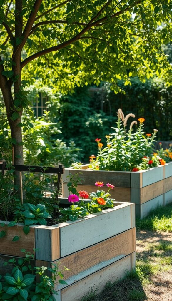 A serene, sun-dappled garden with vibrant raised beds crafted from recycled plastic materials. The beds feature a mix of natural tones and textures, blending seamlessly into the lush, verdant landscape. Weathered panels of repurposed plastic have been thoughtfully assembled, their surfaces subtly worn but still sturdy. Trailing vines and cheerful blooms cascade over the edges, softening the geometric forms. Dappled light filters through the canopy above, casting a warm, inviting glow across the scene. The overall impression is one of sustainability, harmony, and a celebration of nature's reclamation of discarded materials.