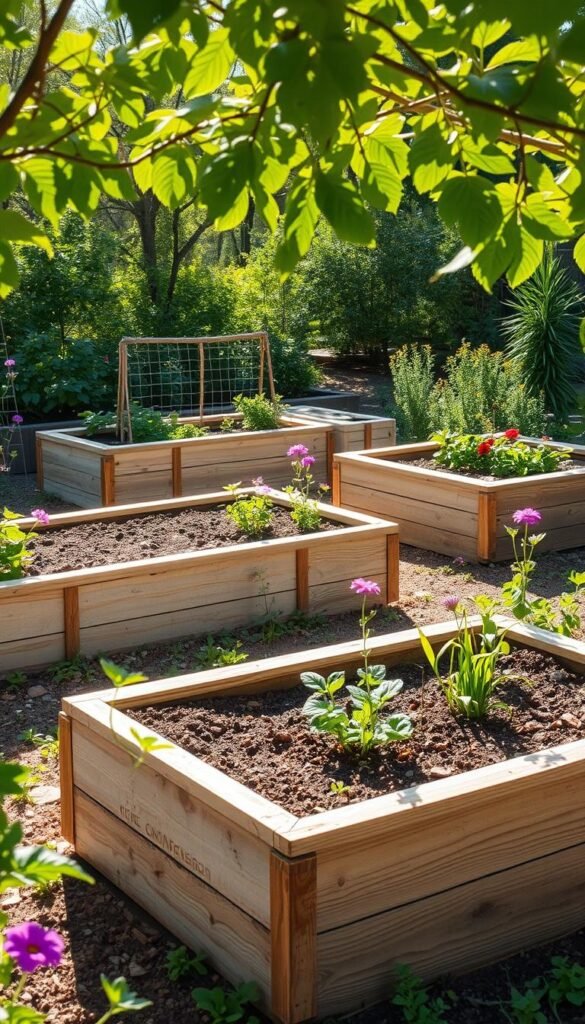 A serene, sunlit garden featuring several eco-friendly raised garden beds constructed from reclaimed wood. The beds are arranged in a natural, organic layout, surrounded by lush greenery and vibrant flowers. The beds have a rustic, weathered appearance, blending seamlessly with the earthy tones of the soil and plants. A gentle breeze rustles the leaves, creating a sense of tranquility. The image is captured with a soft, natural lighting, showcasing the textures and details of the reclaimed wood and the thriving plants. The overall atmosphere conveys the harmony between sustainable gardening practices and the beauty of nature. A serene, sunlit garden featuring several eco-friendly raised garden beds constructed from reclaimed wood. The beds are arranged in a natural, organic layout, surrounded by lush greenery and vibrant flowers. The beds have a rustic, weathered appearance, blending seamlessly with the earthy tones of the soil and plants. A gentle breeze rustles the leaves, creating a sense of tranquility. The image is captured with a soft, natural lighting, showcasing the textures and details of the reclaimed wood and the thriving plants. The overall atmosphere conveys the harmony between sustainable gardening practices and the beauty of nature.