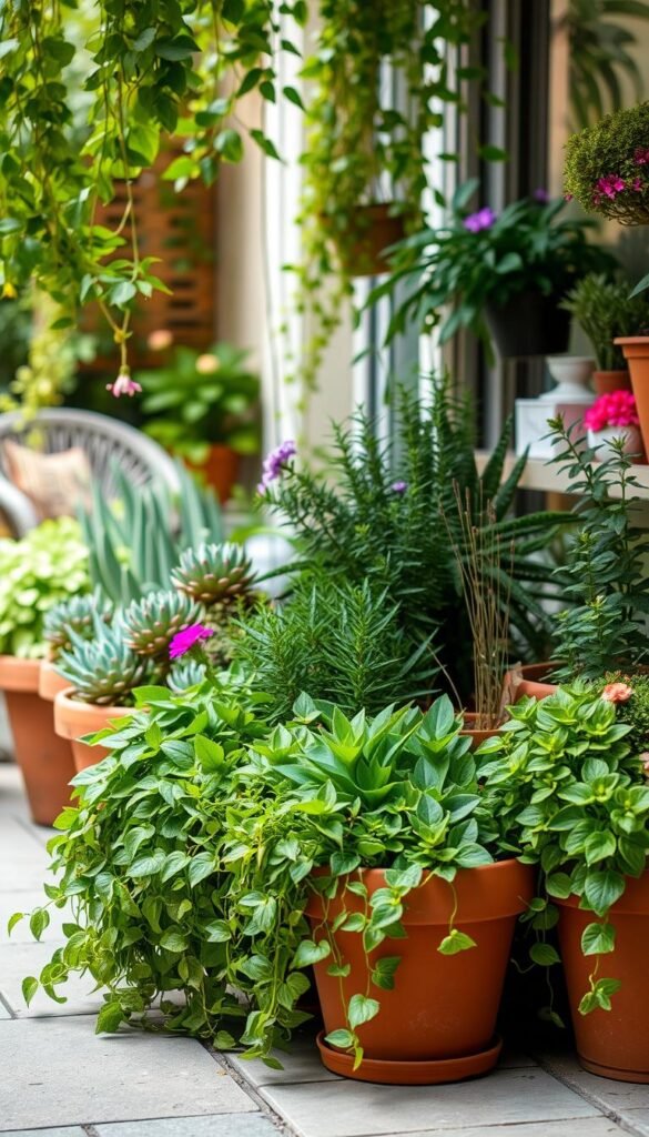 A serene urban garden oasis showcasing a variety of thriving container plants perfectly suited for small spaces. In the foreground, lush greenery cascades from a collection of terracotta pots, while the middle ground features a diverse array of compact succulents, trailing vines, and vibrant flowering plants arranged in a harmonious composition. The background hints at a cozy, sun-dappled patio setting, with soft, diffused lighting casting a warm, inviting glow over the scene. The overall mood is one of tranquility, balance, and the efficient utilization of limited outdoor real estate.