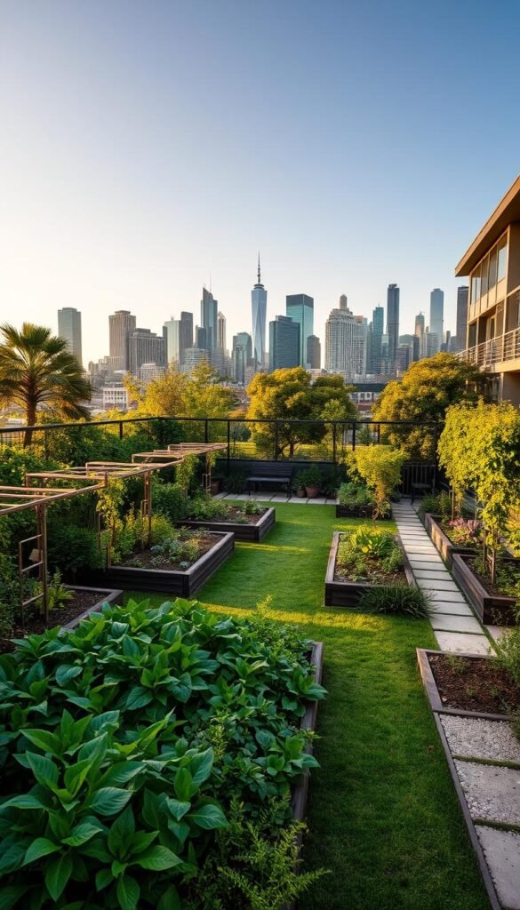 A serene urban garden, with lush greenery and diverse plantings set against the backdrop of a modern city skyline. The foreground features raised garden beds, trellises, and neatly organized pathways, inviting exploration. Warm, soft lighting illuminates the scene, casting gentle shadows and highlights the textures of the foliage. The middle ground showcases a small seating area, where a person can sit and contemplate the space. In the distance, the city's high-rises and skyscrapers stand tall, providing a contrast to the tranquil oasis. The overall atmosphere evokes a sense of harmony, where nature and urban elements coexist in perfect balance.