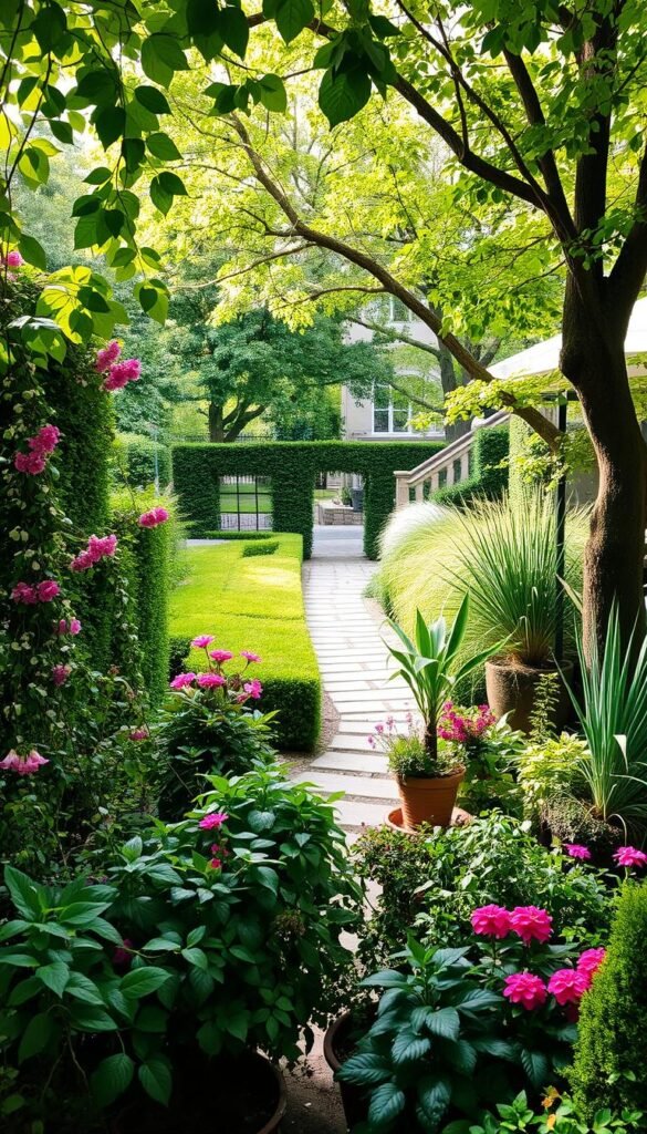 A serene urban oasis, sunlight filtering through lush foliage. In the foreground, an array of diverse potted plants - trailing vines, vibrant blooms, and verdant foliage. In the middle ground, a winding stone path invites exploration, flanked by neatly trimmed hedges and ornamental grasses. Overhead, a canopy of mature trees casts a gentle, dappled shade, creating a sense of tranquility. The overall scene exudes a calming, restorative atmosphere, perfectly capturing the essence of an urban sanctuary carefully curated with thoughtfully chosen plants.