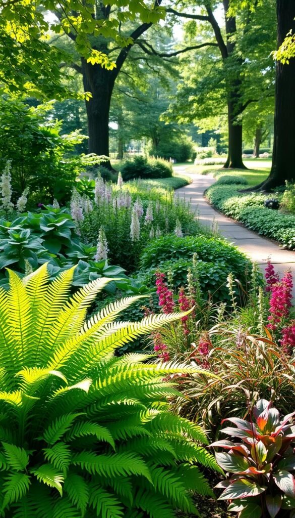A serene, verdant shade garden showcasing the benefits of low-maintenance planting. In the foreground, lush ferns and hostas thrive in the soft, diffused light, their leaves gently swaying. The middle ground features a mix of vibrant, shade-loving perennials like astilbe and heuchera, their delicate blooms adding pops of color. The background reveals a tranquil path winding through the tranquil garden, surrounded by towering trees casting long, softened shadows. The overall scene exudes a sense of peace and harmony, highlighting the joy of a thriving, effortless shade garden.