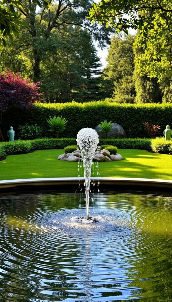 A serene water feature with a captivating focal point in a lush, meticulously designed garden. In the foreground, a tranquil pond reflects the dappled sunlight filtering through the surrounding foliage. At the center, a graceful sculptural water spout cascades gently, creating a soothing, mesmerizing display. The middle ground features a carefully curated arrangement of ornamental plants and small boulders, adding depth and visual interest. In the background, a verdant backdrop of trees and shrubs frames the scene, conveying a sense of natural harmony. The entire composition is illuminated by warm, soft lighting, evoking a peaceful, contemplative atmosphere.