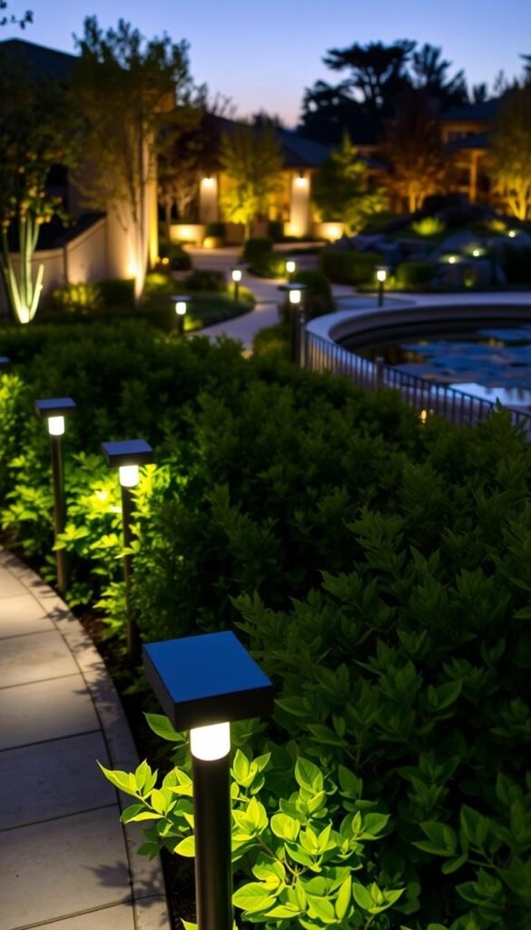 A serene, well-lit outdoor garden scene at dusk. In the foreground, sleek, modern outdoor lighting fixtures illuminate lush foliage and a paved walkway, casting a warm, inviting glow. In the middle ground, a mix of path lighting and discreet uplighting highlight architectural elements and illuminate the surrounding landscape. The background features a tranquil pond or water feature, its surface reflecting the ambient lighting and creating a sense of depth and atmosphere. The lighting is designed to enhance both the ambiance and safety of the space, seamlessly integrating with the overall garden design. A serene, well-lit outdoor garden scene at dusk. In the foreground, sleek, modern outdoor lighting fixtures illuminate lush foliage and a paved walkway, casting a warm, inviting glow. In the middle ground, a mix of path lighting and discreet uplighting highlight architectural elements and illuminate the surrounding landscape. The background features a tranquil pond or water feature, its surface reflecting the ambient lighting and creating a sense of depth and atmosphere. The lighting is designed to enhance both the ambiance and safety of the space, seamlessly integrating with the overall garden design.