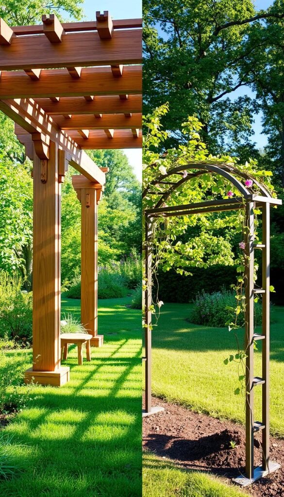 A side-by-side comparison of a classic wooden pergola and a modern metal arbor structure, both standing in a lush, verdant garden setting. The pergola features intricate latticework and robust support beams, casting delicate patterns of light and shadow across the ground below. The arbor, with its sleek, minimalist design, provides a striking contrast, its metal framework softened by the trailing vines and flowers cascading over the top. The scene is bathed in the warm glow of the afternoon sun, creating a serene and inviting atmosphere that showcases the unique architectural qualities and functions of these two distinct garden structures.