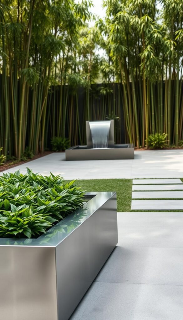 A sleek, minimalist garden showcasing innovative materials. In the foreground, a raised garden bed with smooth, clean lines constructed from polished stainless steel, its surface reflecting the lush greenery within. Surrounding it, a path of smooth, gray concrete pavers leading to the middle ground, where a modern water feature in satin-finished aluminum cascades tranquilly. In the background, a backdrop of towering bamboo plants sways gently, their stalks creating an effortless, contemporary aesthetic. Soft, diffused lighting filters through the scene, casting a serene, gallery-like atmosphere.