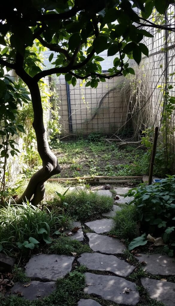 A small, shaded garden with a tangle of overgrown plants, weeds, and scattered debris. In the foreground, a misshapen tree grows through a cracked stone path, casting long shadows. In the middle ground, a neglected vegetable patch struggles against encroaching foliage. The background is obscured by thick vines and tangled branches, hinting at the hidden challenges of this compact outdoor space. The lighting is soft and diffused, creating a sense of melancholy and the need for careful curation. This image evokes the difficulties of maximizing the potential of a limited garden area, where organization and thoughtful design are essential.