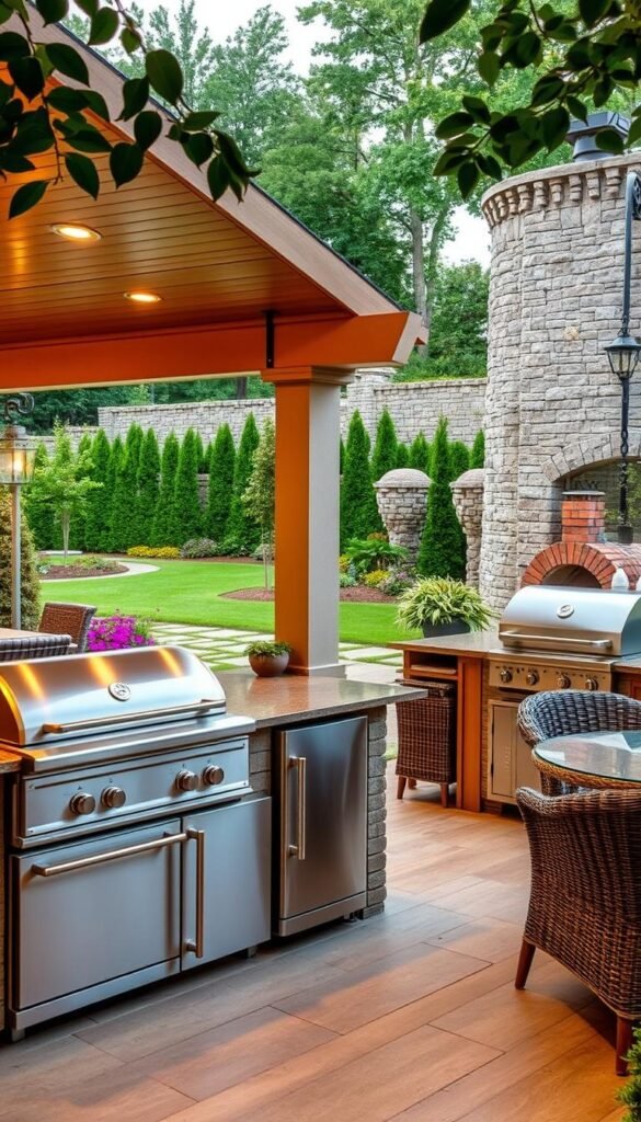 A spacious, well-designed outdoor kitchen nestled in a lush, verdant garden. Sleek stainless steel appliances gleam under warm, golden lighting, complemented by rustic wooden accents and a charming stone backsplash. A large, covered dining area with comfortable wicker furniture invites alfresco entertaining, while a brick pizza oven and a charcoal grill stand ready for culinary experiments. The background features a manicured lawn, vibrant flower beds, and a towering stone wall that provides privacy and a sense of enclosure. The overall atmosphere exudes a perfect balance of sophistication and casual, outdoor living.
