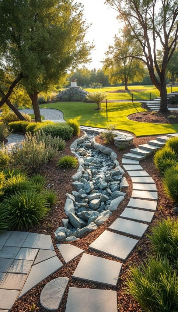 A sprawling, photorealistic garden landscape showcasing various permeable hardscaping solutions. In the foreground, an array of natural stone pavers and permeable concrete pathways wind through lush, drought-tolerant foliage. Sunlight filters through the canopy of mature trees, casting a warm, dappled glow across the scene. The middle ground features a dry creek bed lined with smooth river rocks, allowing excess water to efficiently percolate into the soil. In the background, a gently sloping lawn is punctuated by strategically placed flagstone steppers, minimizing compacted areas and enhancing water absorption. The overall composition emphasizes harmonious integration of functional hardscaping and water-wise landscaping elements.