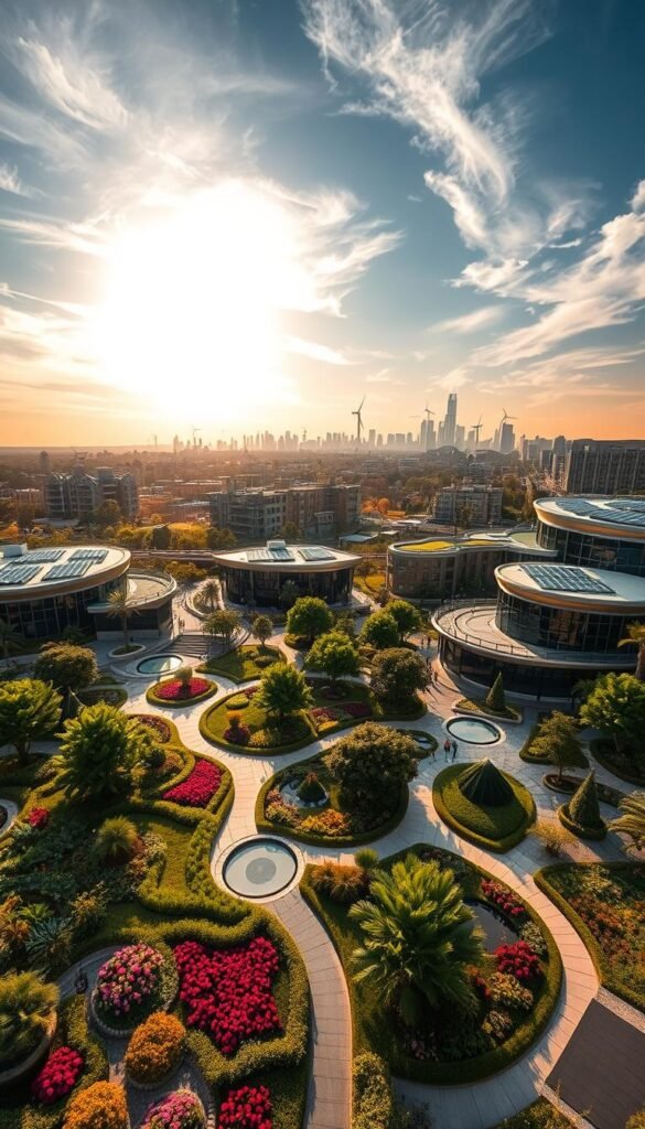 A sprawling urban landscape, bathed in warm, golden light filtering through wispy clouds. In the foreground, a lush, meticulously designed garden oasis, bursting with vibrant flora and elegant water features. Winding pathways lead the eye deeper, revealing modern architectural structures with clean lines and sustainable design elements - solar panels, green roofs, and wind turbines dotting the skyline. The middle ground showcases a harmonious blend of nature and urbanity, with strategically placed trees, public gathering spaces, and renewable energy installations. In the distance, the cityscape rises majestically, a testament to the principles of sustainable, people-centric urban planning. An atmosphere of balance, innovation, and environmental consciousness permeates the scene. A sprawling urban landscape, bathed in warm, golden light filtering through wispy clouds. In the foreground, a lush, meticulously designed garden oasis, bursting with vibrant flora and elegant water features. Winding pathways lead the eye deeper, revealing modern architectural structures with clean lines and sustainable design elements - solar panels, green roofs, and wind turbines dotting the skyline. The middle ground showcases a harmonious blend of nature and urbanity, with strategically placed trees, public gathering spaces, and renewable energy installations. In the distance, the cityscape rises majestically, a testament to the principles of sustainable, people-centric urban planning. An atmosphere of balance, innovation, and environmental consciousness permeates the scene.