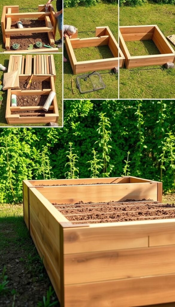 A step-by-step construction process of a raised garden bed made from reclaimed wood, shot in warm, natural lighting with a shallow depth of field. The foreground shows detailed close-ups of the various construction steps, from assembling the wooden frame to filling it with soil. The middle ground reveals the full raised bed structure, its rustic, weathered texture complementing the lush greenery in the background. The composition emphasizes the eco-friendly, DIY nature of the project, conveying a sense of accomplishment and connection to the land. A step-by-step construction process of a raised garden bed made from reclaimed wood, shot in warm, natural lighting with a shallow depth of field. The foreground shows detailed close-ups of the various construction steps, from assembling the wooden frame to filling it with soil. The middle ground reveals the full raised bed structure, its rustic, weathered texture complementing the lush greenery in the background. The composition emphasizes the eco-friendly, DIY nature of the project, conveying a sense of accomplishment and connection to the land.