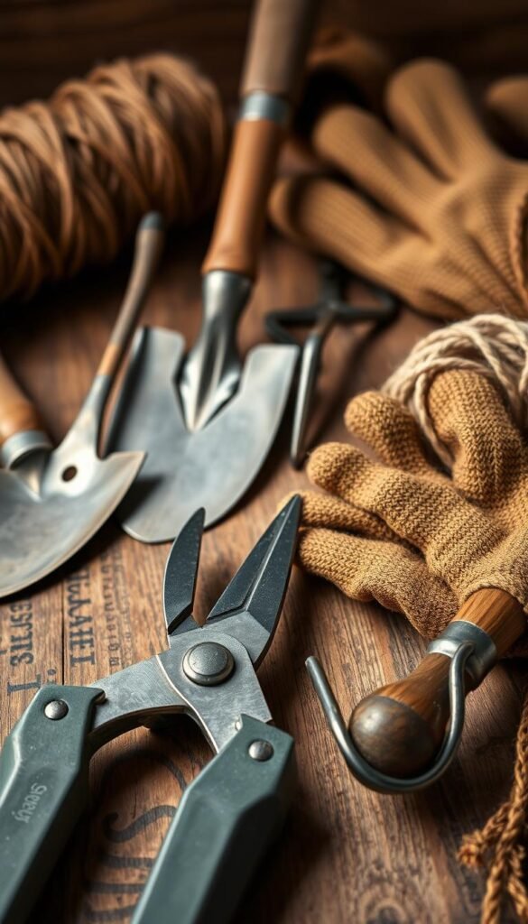 A still life composition featuring a collection of essential garden edging tools arranged on a wooden surface. In the foreground, a pair of sturdy pruning shears, their blades gleaming under soft, directional lighting. Beside them, a hand trowel with a weathered wooden handle and a small gardening fork with tines sharpened to a fine point. In the middle ground, a spade with a long, slender blade and a half-moon cultivator with a sharp, curved edge. In the background, a coil of thick twine and a pair of thick work gloves, hinting at the manual labor involved in DIY garden edging projects. The overall mood is one of rustic functionality, evoking the earthy, hands-on nature of gardening. A still life composition featuring a collection of essential garden edging tools arranged on a wooden surface. In the foreground, a pair of sturdy pruning shears, their blades gleaming under soft, directional lighting. Beside them, a hand trowel with a weathered wooden handle and a small gardening fork with tines sharpened to a fine point. In the middle ground, a spade with a long, slender blade and a half-moon cultivator with a sharp, curved edge. In the background, a coil of thick twine and a pair of thick work gloves, hinting at the manual labor involved in DIY garden edging projects. The overall mood is one of rustic functionality, evoking the earthy, hands-on nature of gardening.