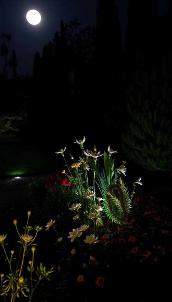 A stunning nighttime garden scene, bathed in the soft, ethereal glow of a full moon. In the foreground, a lush arrangement of plants and flowers, their delicate petals and leaves illuminated from below by strategically placed outdoor lighting. The middle ground features a carefully curated border, with a variety of textures and heights that create depth and visual interest. In the background, the silhouettes of towering trees and shrubs, their branches reaching up towards the night sky, adding a sense of depth and mystery. The overall atmosphere is one of tranquility and enchantment, inviting the viewer to step into this magical, moonlit garden oasis.