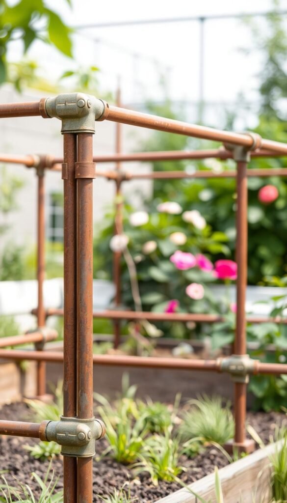 A sturdy, durable garden bed framework in the foreground, constructed with heavy-duty rust-resistant metal pipes and connectors. The framework features strong vertical supports and horizontal crossbars, creating a robust and stable structure. In the middle ground, the framework is accented by lush, verdant foliage and flowering plants, suggesting a thriving and well-maintained garden. The background is softly blurred, emphasizing the focus on the framework's design and construction. The lighting is natural, with soft, diffused shadows adding depth and dimension to the scene. The overall impression is one of a practical, long-lasting garden solution that seamlessly integrates with the surrounding greenery.