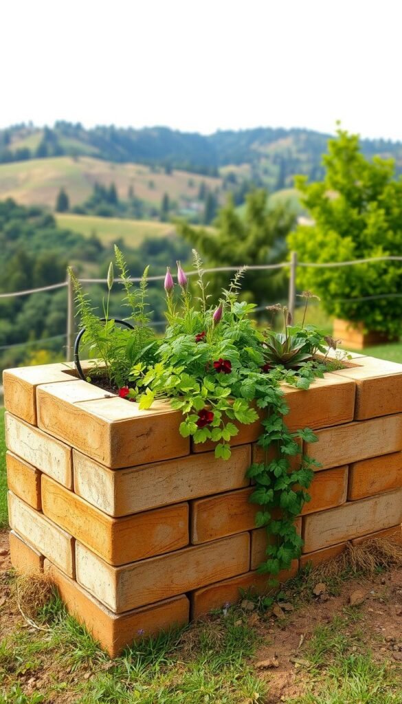 A sturdy, well-crafted cinderblock raised garden bed stands in a lush outdoor setting. The foreground features precisely stacked, durable concrete blocks in a warm, earthy tone, their surfaces textured and weathered. The middle ground showcases thriving vegetation - a variety of vibrant green plants, herbs, and flowers cascading over the edges, creating a natural, inviting aesthetic. In the background, a picturesque landscape unfolds, with rolling hills, mature trees, and a soft, diffused natural light bathing the scene. The overall composition conveys a sense of rustic charm, functionality, and harmony between the man-made structure and the surrounding natural environment. A sturdy, well-crafted cinderblock raised garden bed stands in a lush outdoor setting. The foreground features precisely stacked, durable concrete blocks in a warm, earthy tone, their surfaces textured and weathered. The middle ground showcases thriving vegetation - a variety of vibrant green plants, herbs, and flowers cascading over the edges, creating a natural, inviting aesthetic. In the background, a picturesque landscape unfolds, with rolling hills, mature trees, and a soft, diffused natural light bathing the scene. The overall composition conveys a sense of rustic charm, functionality, and harmony between the man-made structure and the surrounding natural environment.