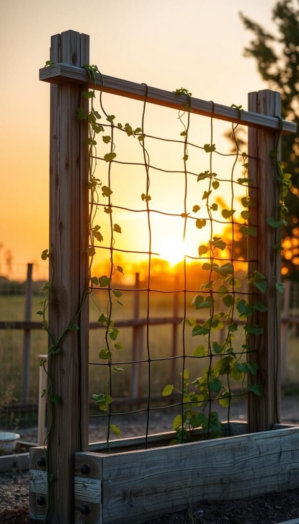 A sturdy wooden trellis stands tall against a warm, golden sunset. The structure is firmly anchored into the soil, its crossbeams and supports forming a secure, interlocking framework. Trailing vines wind their way up the trellis, their tendrils gripping the weathered wood with a sense of graceful stability. Soft, diffused lighting illuminates the scene, casting gentle shadows and highlighting the robust construction. The trellis appears unwavering, a reliable system designed to support the weight and growth of climbing plants, ensuring a flourishing and visually appealing raised garden bed. A sturdy wooden trellis stands tall against a warm, golden sunset. The structure is firmly anchored into the soil, its crossbeams and supports forming a secure, interlocking framework. Trailing vines wind their way up the trellis, their tendrils gripping the weathered wood with a sense of graceful stability. Soft, diffused lighting illuminates the scene, casting gentle shadows and highlighting the robust construction. The trellis appears unwavering, a reliable system designed to support the weight and growth of climbing plants, ensuring a flourishing and visually appealing raised garden bed.