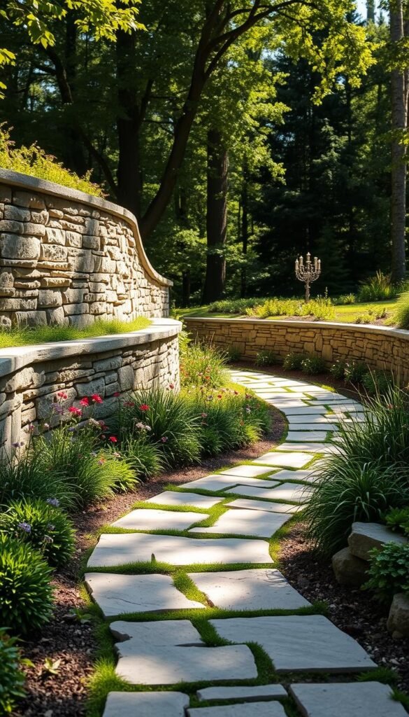 A sun-dappled garden path winds gracefully through lush vegetation, framed by gently curving retaining walls made of weathered stone. The foreground features a meandering walkway of natural flagstone, leading the eye deeper into the tranquil scene. Midground plantings of vibrant flowers and ornamental grasses soften the geometric lines of the walls, creating a harmonious transition. In the background, mature trees cast dappled shadows, hinting at the serene wooded surroundings. The overall composition evokes a sense of timeless elegance and a seamless integration of the built and natural elements.