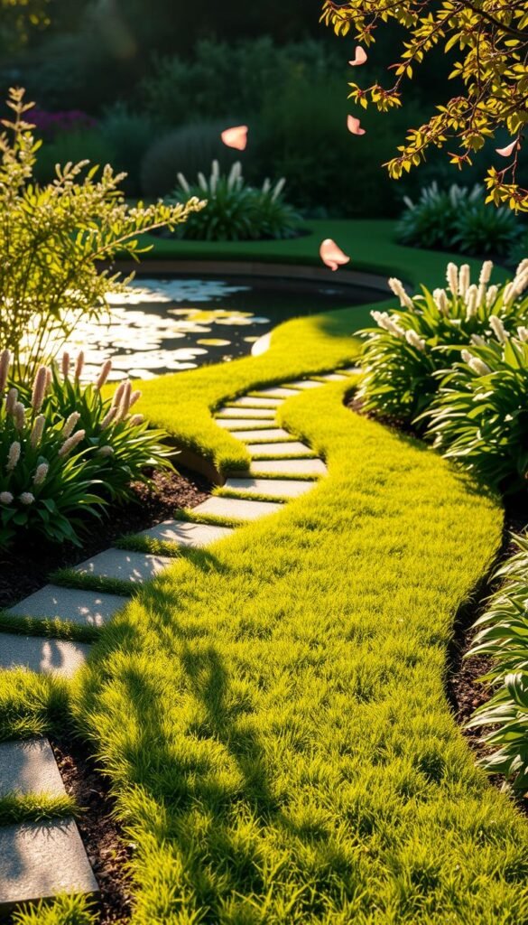 A sun-dappled garden path winds through lush, meandering flowerbeds. Soft, curved edges gently transition between the lawn and planting areas, creating a harmonious, natural flow. In the background, a shimmering pond reflects the verdant foliage, while delicate flower petals drift on a gentle breeze. The scene is illuminated by warm, golden light, casting a serene and inviting atmosphere. The curved design principles are evident in the graceful lines and organic shapes that guide the viewer's gaze through this tranquil, visually pleasing landscape. A sun-dappled garden path winds through lush, meandering flowerbeds. Soft, curved edges gently transition between the lawn and planting areas, creating a harmonious, natural flow. In the background, a shimmering pond reflects the verdant foliage, while delicate flower petals drift on a gentle breeze. The scene is illuminated by warm, golden light, casting a serene and inviting atmosphere. The curved design principles are evident in the graceful lines and organic shapes that guide the viewer's gaze through this tranquil, visually pleasing landscape.