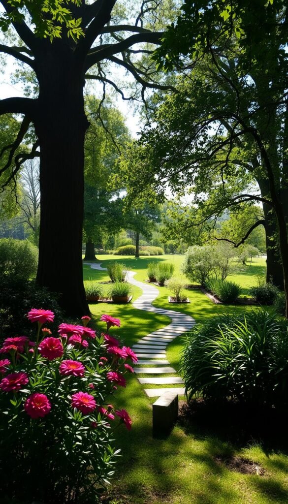 A sun-dappled garden scene, with soft, diffused light filtering through lush greenery. In the foreground, a carefully curated arrangement of vibrant blooms and verdant foliage, their shadows cast delicate patterns on the ground. The middle ground reveals a winding stone pathway, leading the viewer's gaze deeper into the tranquil oasis. Tall, mature trees frame the background, their branches casting an intricate web of light and shadow across the serene landscape. The overall composition conveys a sense of harmony and balance, inviting the viewer to experience the dynamic interplay of sunlight and the natural world.