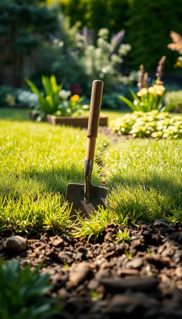 A sun-dappled lawn, its verdant expanse contrasting sharply with the well-defined, freshly edged border. In the foreground, a shovel bites into the soil, carving a crisp, linear outline to delineate the boundary between grass and garden. The middle ground reveals the meticulous preparation, with loose soil and neatly stacked sod waiting to be transplanted. In the background, a lush, vibrant garden provides a visual backdrop, hinting at the transformation to come. Soft, diffused lighting casts a warm, inviting glow, evoking a sense of calm and order. The overall scene conveys a harmonious balance, where the lawn's edge is thoughtfully and intentionally prepared, ready to be seamlessly integrated into the surrounding landscape.