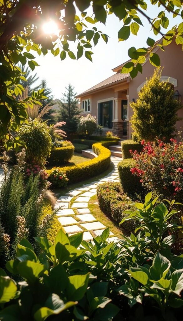 A sun-dappled outdoor space, its elements carefully analyzed. In the foreground, lush greenery - a variety of plants, their shapes and textures contrasting harmoniously. A winding stone path leads the eye through the middle ground, flanked by neatly trimmed hedges and flowering shrubs. The background reveals the home's exterior, its architectural style and color palette seamlessly integrated with the surrounding landscape. Warm, natural lighting casts soft shadows, creating depth and a sense of tranquility. This scene captures the essence of how a home's outdoor space can reflect and complement its overall aesthetic, inviting further exploration of design elements.