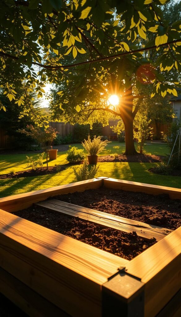 A sun-dappled raised garden bed, casting intricate patterns on the soil below. The bed is situated in a lush, verdant backyard, with a gentle breeze rustling the leaves of surrounding trees. Warm, golden sunlight filters through the foliage, creating a serene, natural ambiance. The camera angle is slightly elevated, capturing the interplay of light and shadow in a visually striking composition. The focus is sharp, highlighting the textural details of the wood planks and the play of light on the soil. The overall mood is one of tranquility and harmony, inviting the viewer to bask in the calming presence of the garden. A sun-dappled raised garden bed, casting intricate patterns on the soil below. The bed is situated in a lush, verdant backyard, with a gentle breeze rustling the leaves of surrounding trees. Warm, golden sunlight filters through the foliage, creating a serene, natural ambiance. The camera angle is slightly elevated, capturing the interplay of light and shadow in a visually striking composition. The focus is sharp, highlighting the textural details of the wood planks and the play of light on the soil. The overall mood is one of tranquility and harmony, inviting the viewer to bask in the calming presence of the garden.