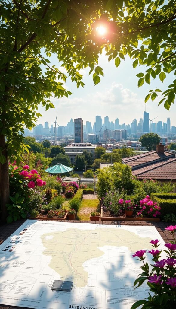 A sun-dappled urban garden site, lush with verdant foliage and vibrant blooms. In the foreground, a detailed site analysis map outlines key features - topography, existing structures, potential planting zones. The middle ground reveals an array of renewable energy elements: solar panels on rooftops, wind turbines dotting the skyline, and rainwater harvesting systems. In the background, the bustling city skyline provides a dynamic contrast, highlighting the oasis-like quality of this carefully planned urban garden. Warm, diffused lighting casts a soft, inviting glow, conveying a sense of peaceful coexistence between nature and technology. A sun-dappled urban garden site, lush with verdant foliage and vibrant blooms. In the foreground, a detailed site analysis map outlines key features - topography, existing structures, potential planting zones. The middle ground reveals an array of renewable energy elements: solar panels on rooftops, wind turbines dotting the skyline, and rainwater harvesting systems. In the background, the bustling city skyline provides a dynamic contrast, highlighting the oasis-like quality of this carefully planned urban garden. Warm, diffused lighting casts a soft, inviting glow, conveying a sense of peaceful coexistence between nature and technology.