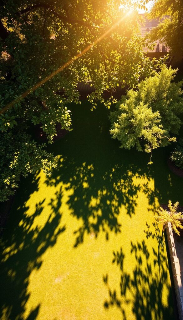 A sun-dappled yard, its lush foliage casting intricate shadows on the grass. A detailed overhead view showcases the varying levels of sunlight exposure across the space, revealing the optimal spots for different plants and features. Warm, golden rays filter through the canopy, creating a serene, naturalistic atmosphere. The lens captures the scene with a wide, high-angle perspective, emphasizing the overall layout and spatial dynamics. This image serves as a visual aid for assessing the sun exposure patterns and privacy considerations in creating a harmonious garden design.