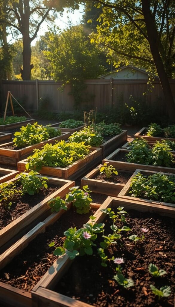 A sunny backyard garden, with lush raised beds arranged in an organized layout. The scene is captured from an elevated angle, showcasing the intricate arrangement of the planting beds and the interplay of light and shadow across the soil and vegetation. Warm sunlight filters through the canopy of nearby trees, casting a gentle glow over the scene. The beds are constructed with weathered wooden frames, their surfaces enriched by the depth of the soil within. Vibrant green foliage and delicate flowers thrive, hinting at the potential for a bountiful harvest. The overall composition conveys a sense of tranquility and productivity, inviting the viewer to envision the joys of cultivating a thriving backyard oasis. A sunny backyard garden, with lush raised beds arranged in an organized layout. The scene is captured from an elevated angle, showcasing the intricate arrangement of the planting beds and the interplay of light and shadow across the soil and vegetation. Warm sunlight filters through the canopy of nearby trees, casting a gentle glow over the scene. The beds are constructed with weathered wooden frames, their surfaces enriched by the depth of the soil within. Vibrant green foliage and delicate flowers thrive, hinting at the potential for a bountiful harvest. The overall composition conveys a sense of tranquility and productivity, inviting the viewer to envision the joys of cultivating a thriving backyard oasis.