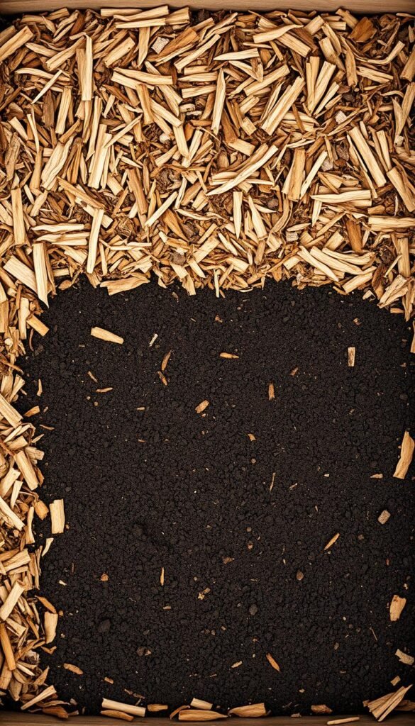 A top-down view of a raised garden bed, its layers meticulously arranged. In the foreground, a lush layer of shredded bark mulch covers the soil, creating a neat and tidy appearance. Below, a thick layer of rich, dark compost sits atop the soil, providing vital nutrients. The soil itself is a mix of nutrient-dense loam, evenly distributed throughout the bed. Warm, soft lighting from above casts a gentle glow, highlighting the textures and colors of the layered materials. The scene conveys a sense of organization, affordability, and a commitment to cultivating a thriving garden oasis on a budget.