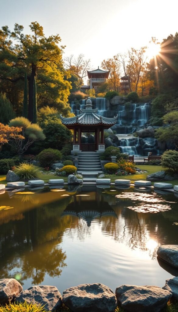 A tranquil Bagua map garden layout unfolds, with harmonious elements inspired by the principles of Feng Shui. In the foreground, a serene pond reflects the sky, surrounded by lush greenery and carefully placed stones. Midground, an ornate pavilion stands, its intricate architecture blending seamlessly with the natural landscape. In the background, a tiered waterfall cascades, its soothing sounds adding to the sense of balance and harmony. Warm, golden sunlight filters through the trees, casting a soft glow over the scene. The overall composition evokes a profound sense of peace and mindfulness, embodying the essence of Feng Shui design.