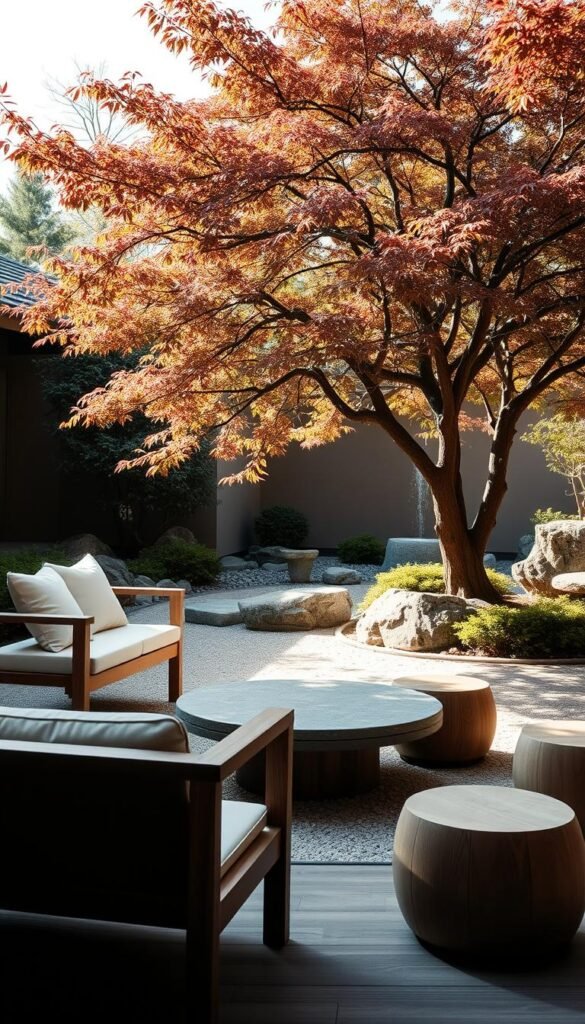A tranquil Zen-inspired garden scene with harmonious feng shui furniture. In the foreground, a sleek wooden bench with plush cushions invites relaxation. In the middle ground, a round stone table surrounded by low, curved stools crafted from natural materials. In the background, a meticulously pruned Japanese maple casts a gentle dappled light across the scene. A small water feature, such as a bubbling fountain, creates a soothing ambient sound. The overall atmosphere is one of balance, serenity, and a deep connection with nature.