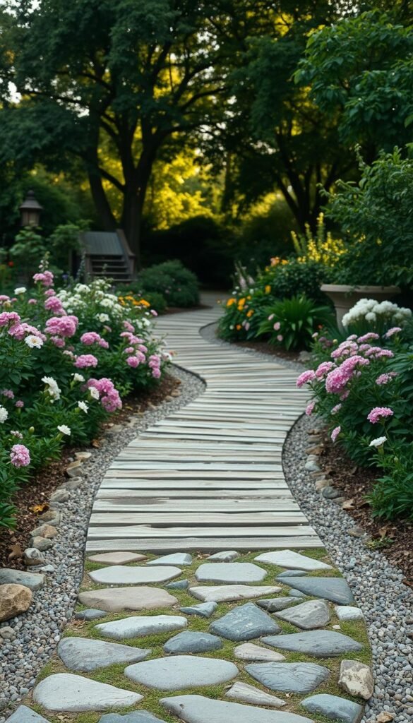 A tranquil cottage garden path winds through a verdant oasis, bordered by fragrant blooms. In the foreground, a mosaic of smooth river stones create a natural, earthy texture. The middle ground features a blend of weathered wood planks and decomposed granite, creating a harmonious palette. In the background, a lush canopy of trees casts a warm, dappled light over the scene, infusing the space with a serene, romantic ambiance. The overall composition evokes a sense of peaceful escapism, inviting the viewer to meander through this idyllic garden retreat.