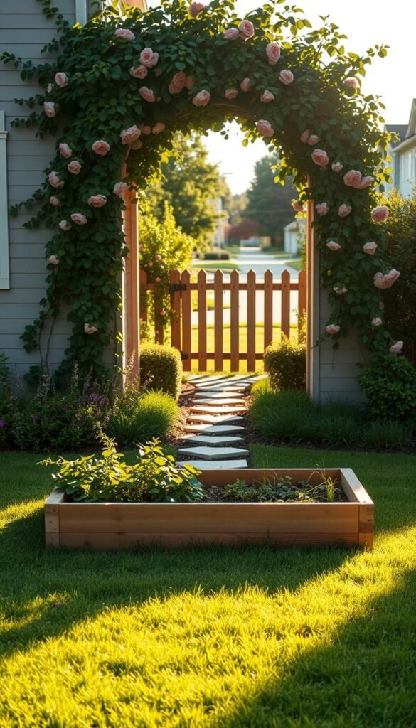 A tranquil front yard scene, bathed in warm afternoon sunlight. In the foreground, a raised garden bed sits atop a well-tended lawn, its wooden frame casting soft shadows. The bed is surrounded by lush greenery - a mix of flowering plants and cascading vines that spill over the edges. In the middle ground, a path of stepping stones leads the eye towards the home's entrance, framed by a picturesque archway draped in climbing roses. The background features a picket fence, beyond which a neighborhood street can be glimpsed, creating a sense of privacy and seclusion. The overall atmosphere is one of peaceful, inviting domesticity - a perfect setting to showcase the joys of front yard raised bed gardening. A tranquil front yard scene, bathed in warm afternoon sunlight. In the foreground, a raised garden bed sits atop a well-tended lawn, its wooden frame casting soft shadows. The bed is surrounded by lush greenery - a mix of flowering plants and cascading vines that spill over the edges. In the middle ground, a path of stepping stones leads the eye towards the home's entrance, framed by a picturesque archway draped in climbing roses. The background features a picket fence, beyond which a neighborhood street can be glimpsed, creating a sense of privacy and seclusion. The overall atmosphere is one of peaceful, inviting domesticity - a perfect setting to showcase the joys of front yard raised bed gardening.