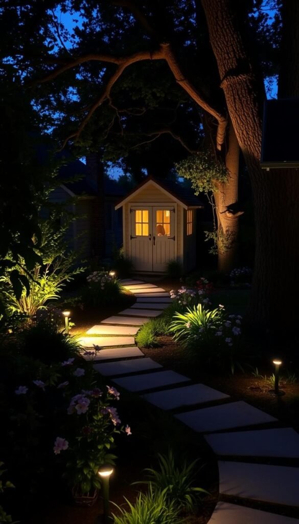 A tranquil garden at dusk, bathed in the warm glow of strategically placed outdoor lighting. Soft spotlights illuminate lush foliage and graceful flower beds, casting gentle shadows that add depth and dimension. Pathway lights guide the way, their subtle illumination creating a welcoming ambiance. Uplighting accentuates the architectural features of a charming garden shed, while discreet ground-level fixtures highlight the textured bark of a majestic tree. The overall scene exudes a sense of inviting, cozy elegance - a harmonious blend of natural and artificial light that heightens the beauty of the outdoor space and extends its usage well into the evening hours.