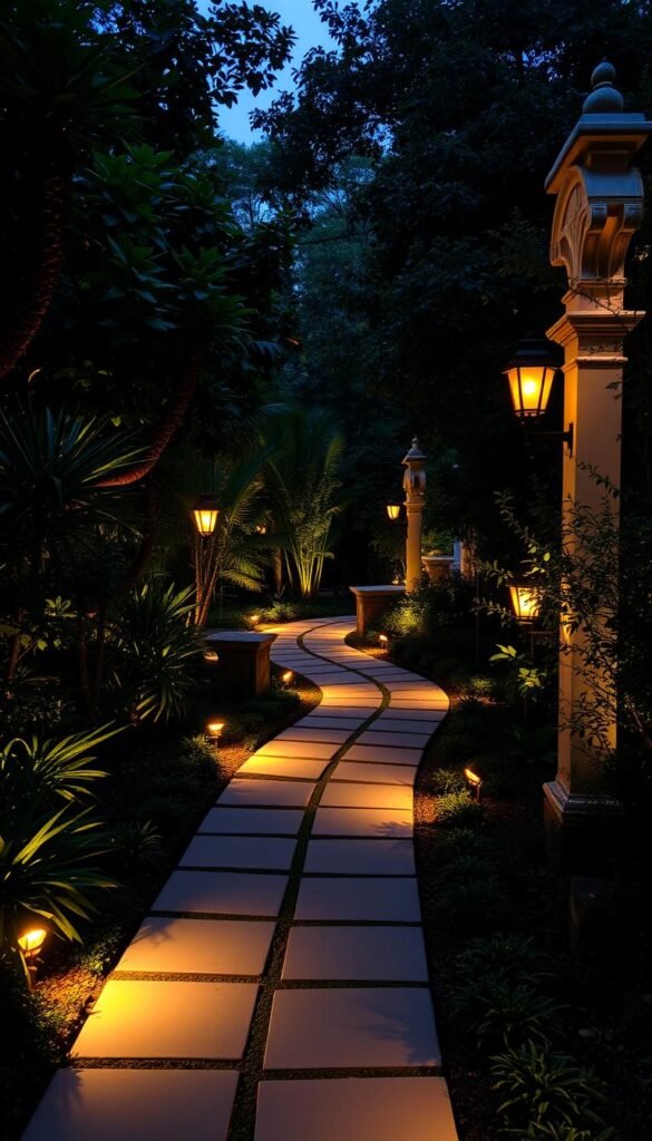 A tranquil garden pathway winding through lush foliage, delicately illuminated by a series of warm, soft-glowing lanterns lining the edges. Subtle shadows dance across the stone pavers, creating a captivating interplay of light and dark. Strategically placed spotlights highlight architectural features and sculptural elements, while discreet path-edge lighting guides the way. The overall atmosphere is one of enchantment and serenity, inviting visitors to slow down and savor the journey. A harmonious blend of functional and decorative lighting, creating a dramatic day-to-night transition in this verdant, inviting garden oasis.