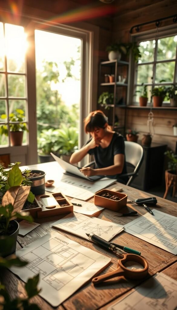 A tranquil outdoor scene of a raised garden bed planning session. In the foreground, a table is covered with gardening tools, seed packets, and hand-drawn sketches. Warm sunlight filters through the windows, casting a cozy glow over the scene. In the middle ground, a person sits thoughtfully, reviewing their plans for the eco-friendly raised bed. The background features shelves of potted plants and a window overlooking a lush, verdant garden. The overall mood is one of serene focus and sustainability, capturing the essence of planning a raised garden bed project. A tranquil outdoor scene of a raised garden bed planning session. In the foreground, a table is covered with gardening tools, seed packets, and hand-drawn sketches. Warm sunlight filters through the windows, casting a cozy glow over the scene. In the middle ground, a person sits thoughtfully, reviewing their plans for the eco-friendly raised bed. The background features shelves of potted plants and a window overlooking a lush, verdant garden. The overall mood is one of serene focus and sustainability, capturing the essence of planning a raised garden bed project.