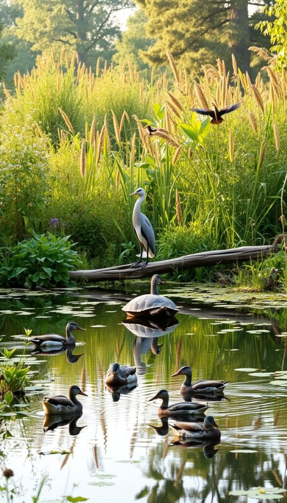 A tranquil pond nestled in a lush, verdant wildlife habitat. In the foreground, a family of ducks glides gracefully across the still waters, their reflections mirroring the scene. Surrounding the pond, a diverse array of native plants and wildflowers sway gently in a soft breeze, providing shelter and sustenance for an abundance of insects, birds, and small mammals. In the middle ground, a fallen log serves as a basking platform for a basking turtle, while a heron stands poised, its long neck and sharp beak ready to capture its next meal. The background is filled with a thicket of tall grasses and towering trees, creating a sense of depth and enclosure, a natural sanctuary for the diverse wildlife. The lighting is soft and diffused, casting a warm, golden glow over the entire scene, evoking a sense of tranquility and harmony. A tranquil pond nestled in a lush, verdant wildlife habitat. In the foreground, a family of ducks glides gracefully across the still waters, their reflections mirroring the scene. Surrounding the pond, a diverse array of native plants and wildflowers sway gently in a soft breeze, providing shelter and sustenance for an abundance of insects, birds, and small mammals. In the middle ground, a fallen log serves as a basking platform for a basking turtle, while a heron stands poised, its long neck and sharp beak ready to capture its next meal. The background is filled with a thicket of tall grasses and towering trees, creating a sense of depth and enclosure, a natural sanctuary for the diverse wildlife. The lighting is soft and diffused, casting a warm, golden glow over the entire scene, evoking a sense of tranquility and harmony.