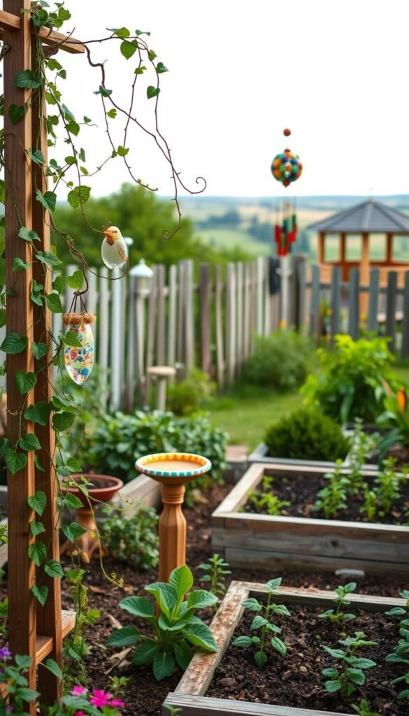 A vibrant DIY garden oasis, filled with whimsical enhancements. In the foreground, a handcrafted trellis supports a flourishing climbing vine, its delicate tendrils reaching towards the sun. Interspersed throughout the lush greenery, repurposed garden decor adds pops of color - a mosaic birdbath, a wind chime made from upcycled materials. The middle ground showcases a raised garden bed, its soil teeming with freshly planted herbs and vegetables. In the background, a picturesque landscape unfolds, with a weathered wooden fence and a distant gazebo providing a cozy, inviting atmosphere. Soft, diffused lighting casts a warm glow, highlighting the homemade charm of this enchanting DIY garden.