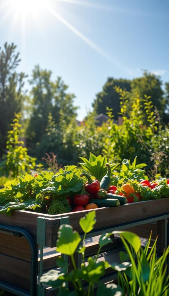 A vibrant and inviting raised garden bed, set against a backdrop of lush greenery and a clear blue sky. The bed is filled with a bountiful harvest of fresh vegetables, their vibrant colors and textures a testament to the benefits of this gardening method. Sunlight filters through the scene, casting a warm and natural glow over the entire composition. The raised design allows for easy access and better soil drainage, while the portable nature of the setup suggests the versatility and mobility of this gardening solution. The overall atmosphere is one of productivity, abundance, and the joys of homegrown, sustainable food production.