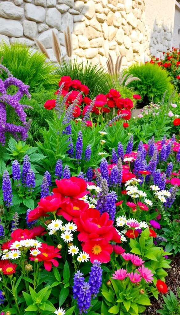 A vibrant and lush garden border design, bursting with a harmonious blend of colorful perennials and annuals. In the foreground, a captivating array of dazzling blooms - from velvety red peonies to cascading purple verbena, interspersed with delicate white daisies and fragrant lavender. The middle ground features a mix of textured foliage, including verdant ferns, feathery ornamental grasses, and glossy-leaved shrubs. The background is anchored by a picturesque stone wall, casting warm, soft lighting across the scene. The overall composition evokes a sense of joyful abundance, inviting the viewer to step into this enchanting, meticulously curated garden oasis.
